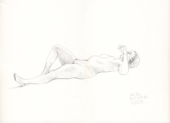 Donna Nude N 38 Originale Matita Disegno Sdraiato Nudo Donna