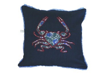 Cushions applique, Appliqué Pillow with Liberty print crab on denim fabric with pleated ribbon trim, Covered buttons and Rouleau loops