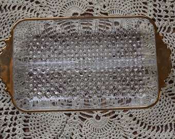 Anchor Hocking Clear Hobnail Divided Glass Dish with Gold Trim