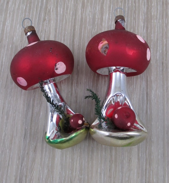 2 Unusual Vintage Mushroom Christmas Ornaments 1960's