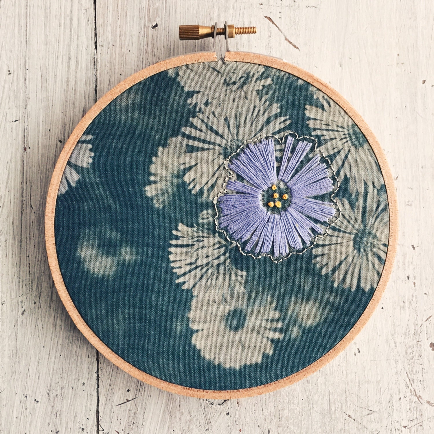 Cyanotype Fabric Photo with Embroidered by sunshineandtheblues