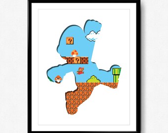 Super Mario Bros - 8 Bit Mario - video game print, wall art, nintendo, pixel, 8 bit art