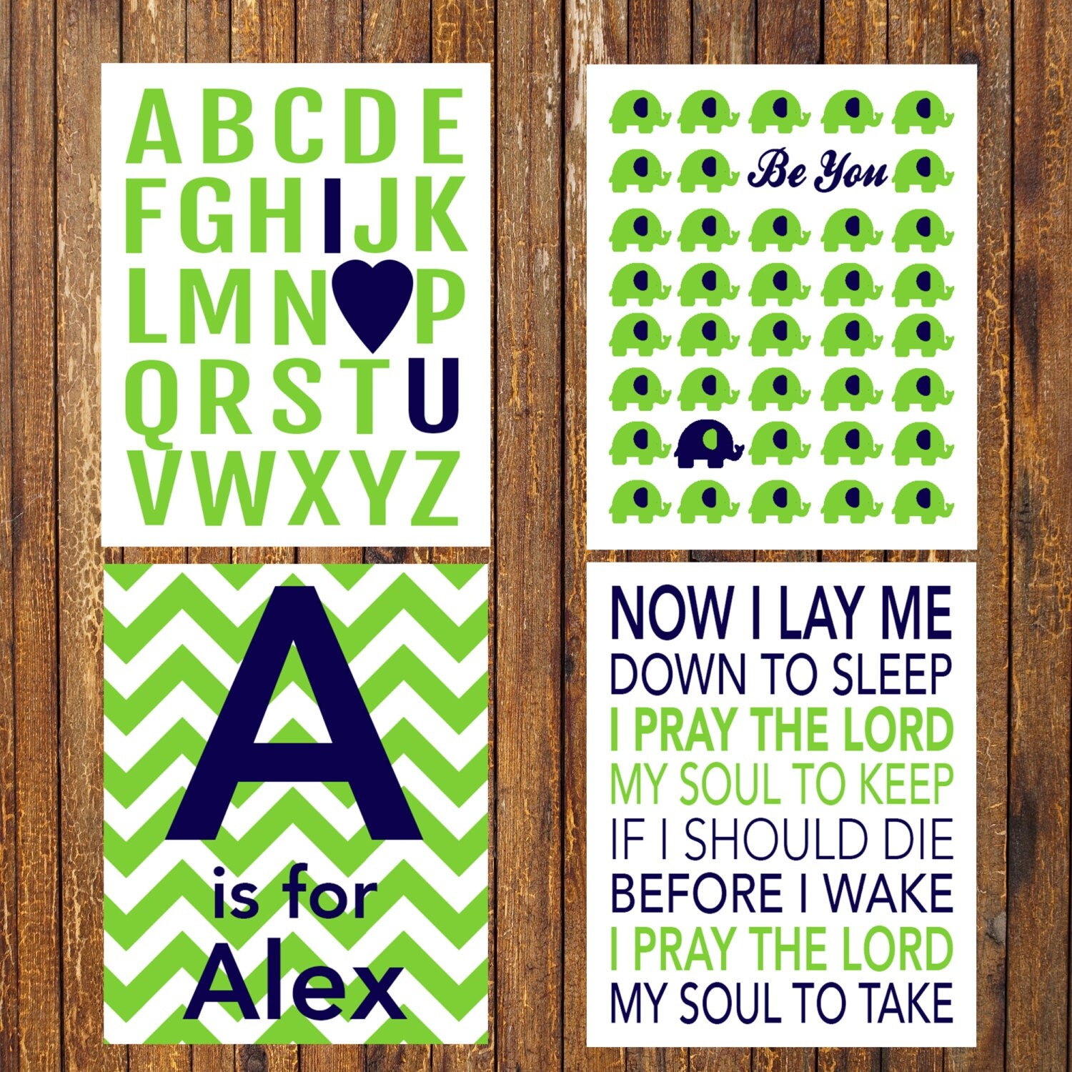 Set of 4 Navy Blue and Lime Green Nursery Wall by CommUniquePrints