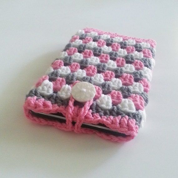 Crochet Tablet Cover in Pink Grey and White by NandysNook on Etsy