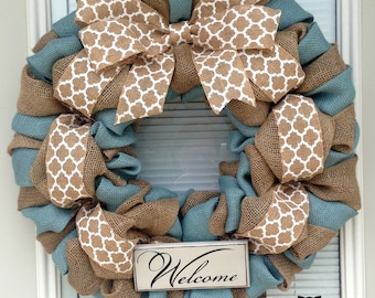 Winter Burlap Wreath - Winter Wreath - Every day Burlap Wreath - Country Blue and Natural Burlap Wreaths, Wreath for All Year, Welcome Wre