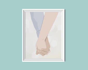 Holding Hands Art Print / For Weddings / New couple / Love / Illustrated Wall Art / 8x10 Eco Friendly Recycled Paper / AP01