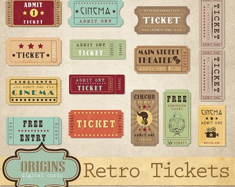 Retro Tickets Clipart - Vintage Show, Circus, Cinema, Theatre, Movie and Entertainment Clip Art