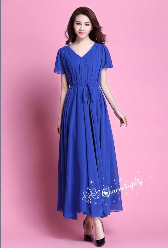 60 Colors Double Chiffon Blue Long Party Dress Short Sleeve