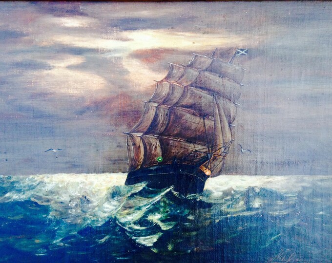 Storewide 25% Off SALE Original Nils Greene Signed Oil On Board Painting Featuring 17th C. Pirate Ship Traveling Rough Seas by Night With Go