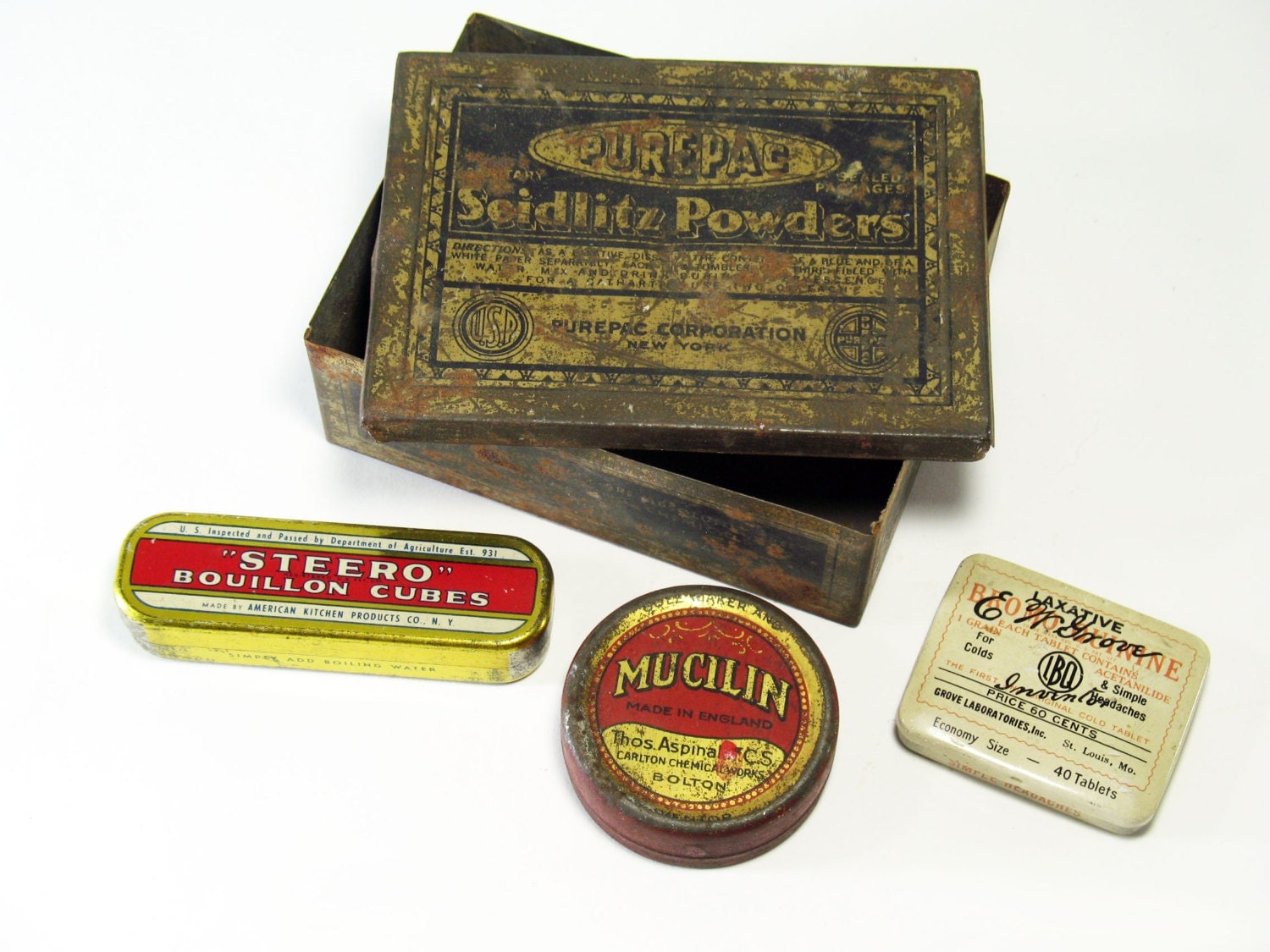 Antique Tin Lot, Assorted Containers, Set of Four, Instant Collection