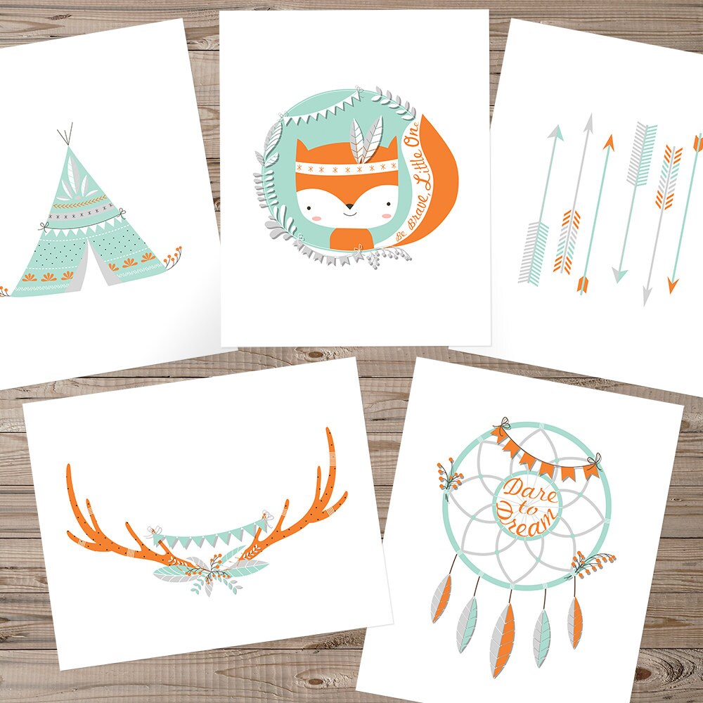 Fox nursery art Instant download Set of 5 Tribal nursery