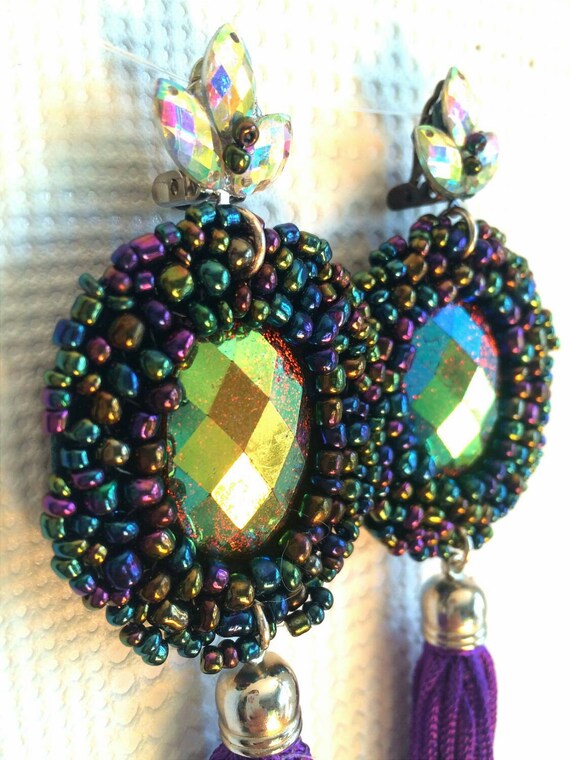 Tassel earrings beaded Purple earrings Ab crystal earrings