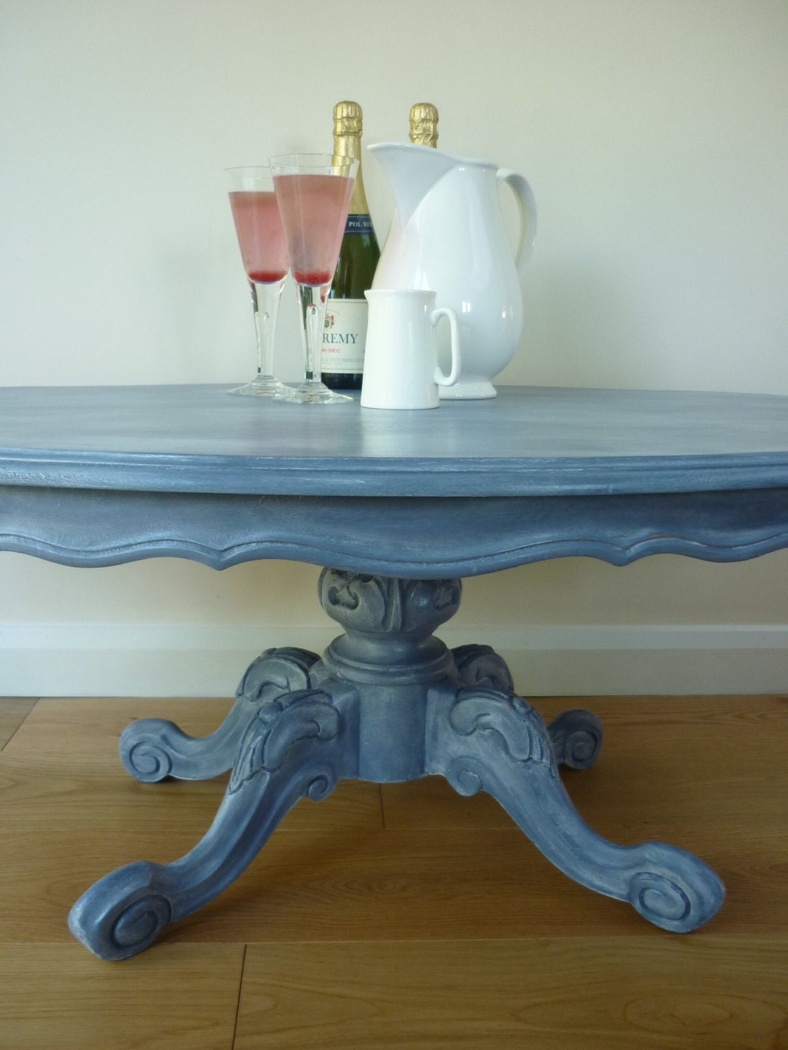 Beautiful Hand Painted Coffee Table with Ornate Carving in Old Violet