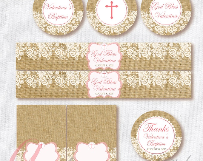 Baptism Burlap and lace printables. Burlap and lace toppers. Shabby Chic printables. Baptism printable kit. First Communion. Burlap and Lace