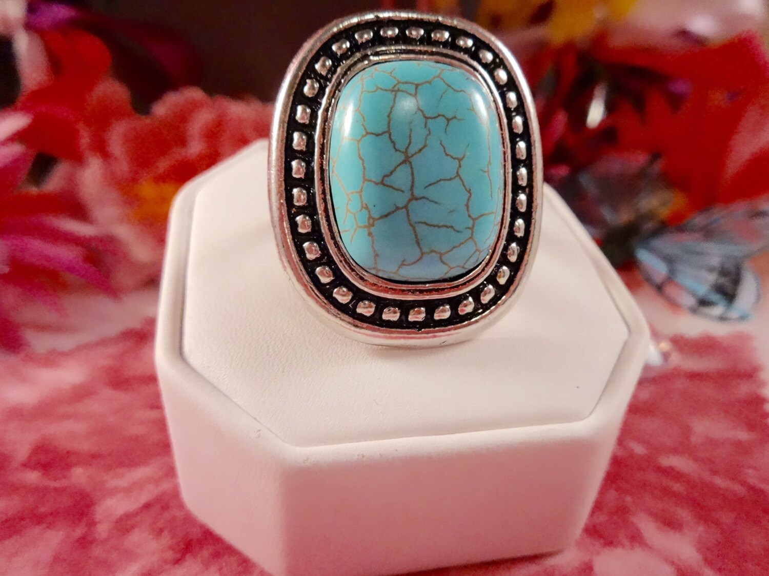 Silvertone GENUINE TURQUOISE Adjustable Costume Ring Genuine