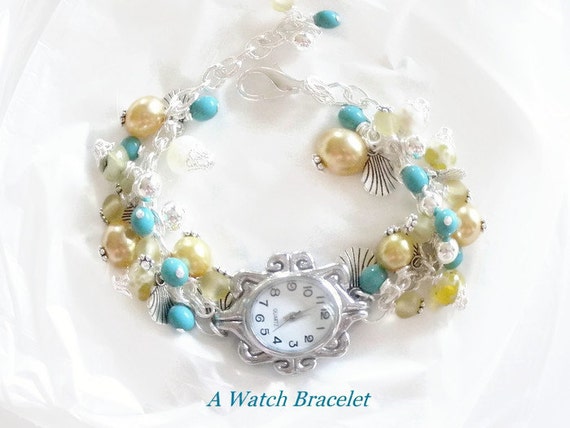 Yellow and Turquoise Watch Bracelet Silver Watch Bracelet Pearl Bracelet Gift  for Her