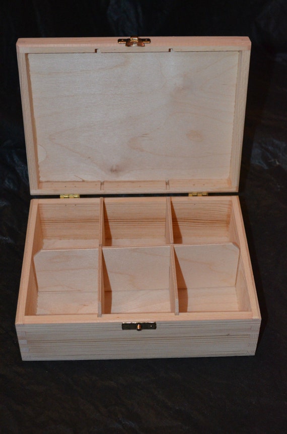 New Plain Wooden Tea Bag Box Chest 6 Compartments by MyKingart