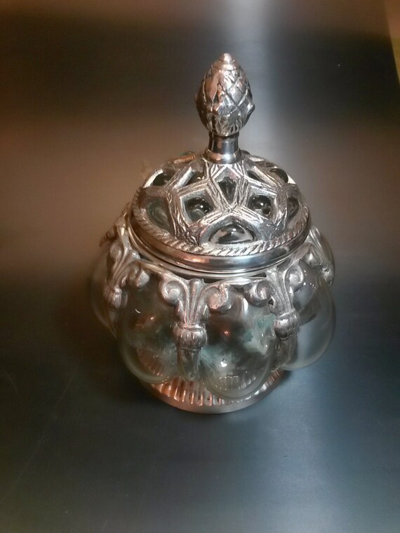 Unusual Vintage Metal & Glass Pumpkin Shape Jar with Lid