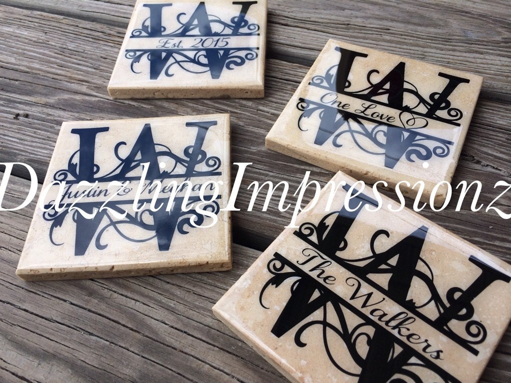 Personalized tile coasters with vinyl. Set by DazzlingImpressionz