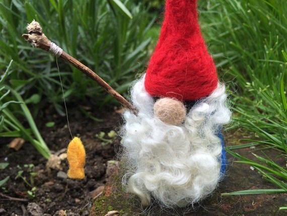 Items similar to Cute! Needle felted gnome with fish and fishing rod