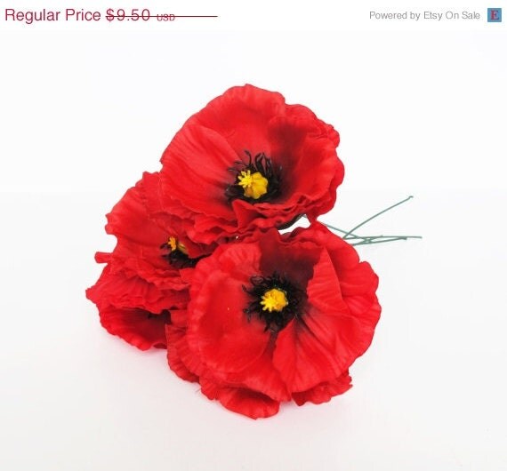 ON SALE 5 Silk Flowers Red Poppies Artificial Flowers Silk Poppy 4.3