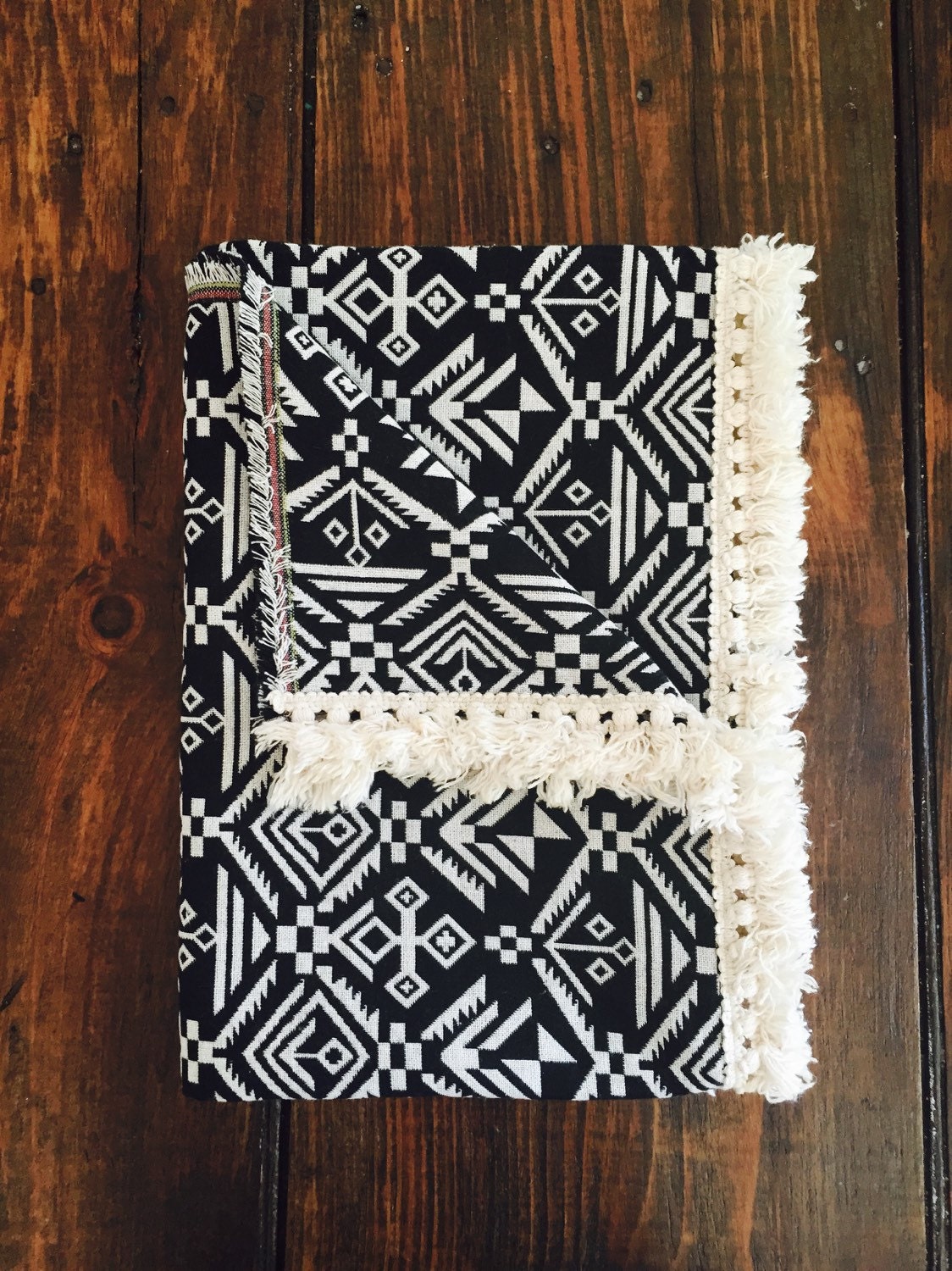 Black and White Boho Tribal Print Blanket with Tassel Fringe
