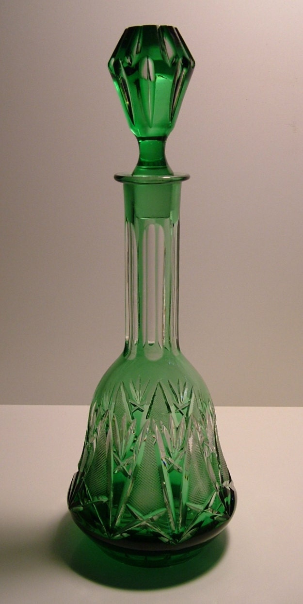 Vintage Bohemian Glass Decanter & Stopper Green Cut to Clear