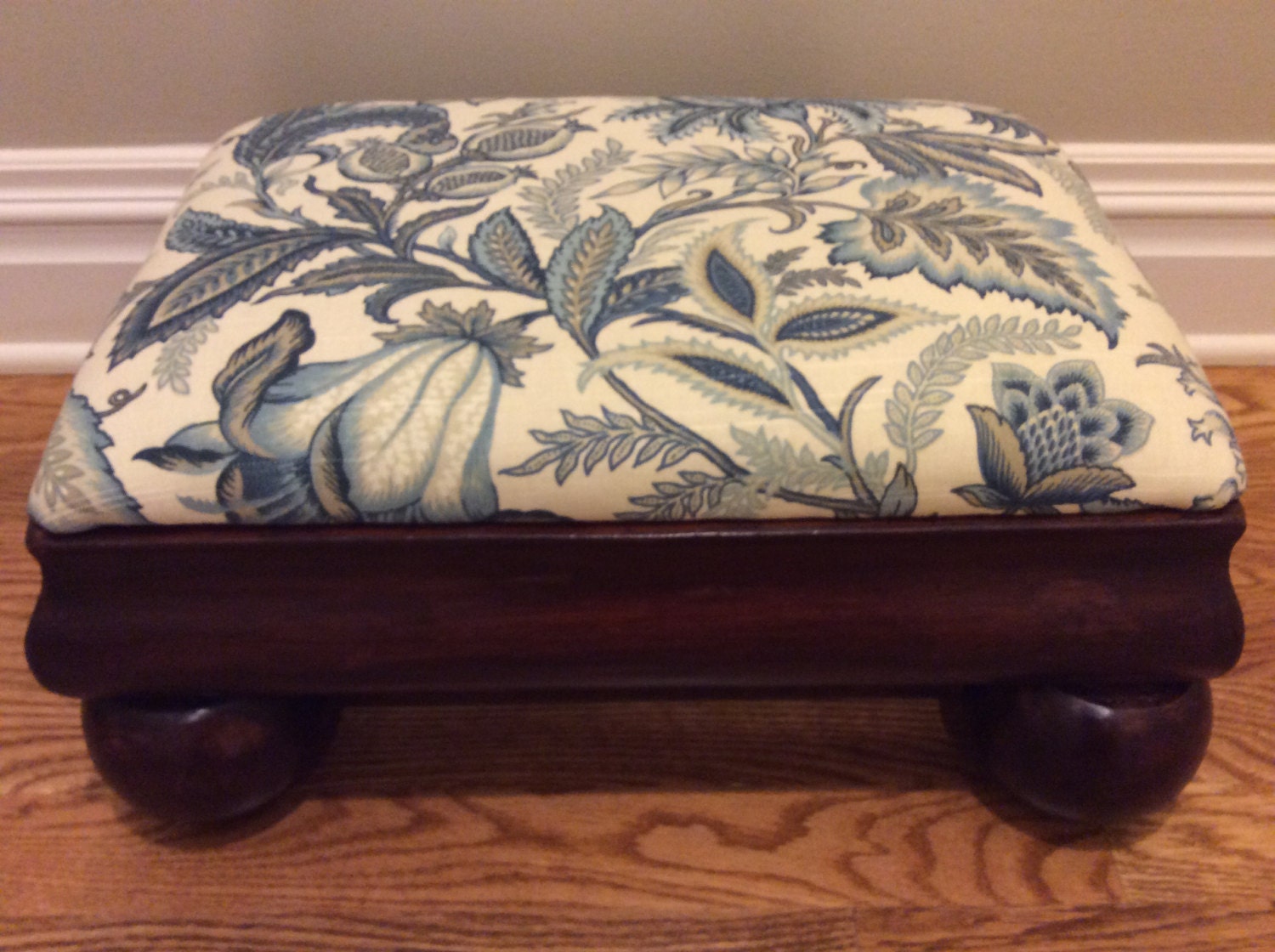 Vintage Foot Stool with Bun Feet and Blue Jacobean Fabric Haute Juice