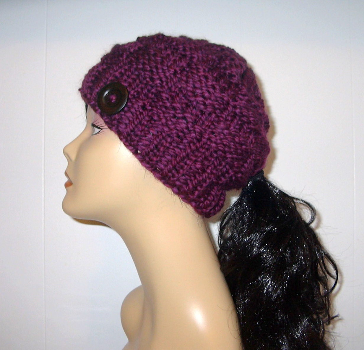Chunky Knit Purple Plum Ponytail Hat Beanie Pony Tail Hole