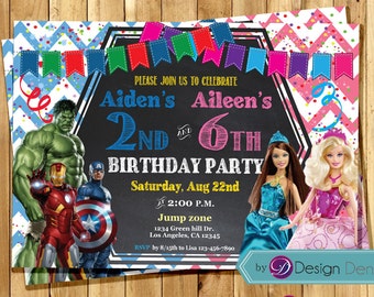 Avengers and Barbie JOINT Birthday party Invitations. /Avengers invites/ Barbie /Chalkboard/Printable Digital. #C1028