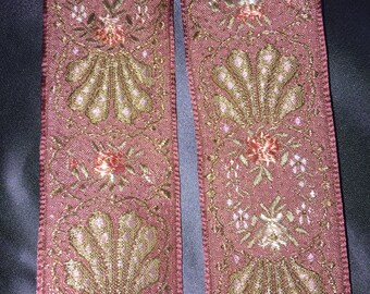Beautiful pink and gold, floral vintage French brocade ribbon, 1 1/2 inches wide