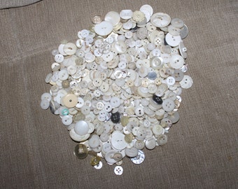 Vintage Buttons, Almost a Pound in This Lot, Mixture of White And Clear Buttons, All Sizes, Mother of Pearl Included, Craft & Sewing Project