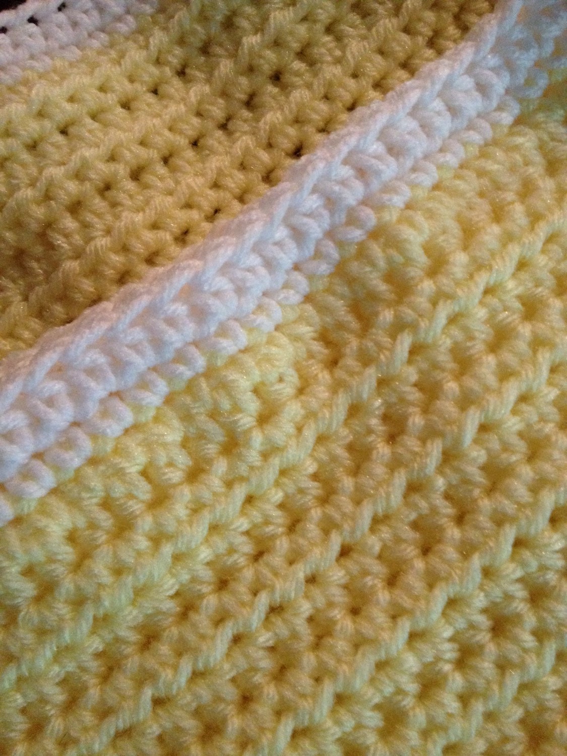 Pale Yellow Crochet Baby Blanket with White Trim