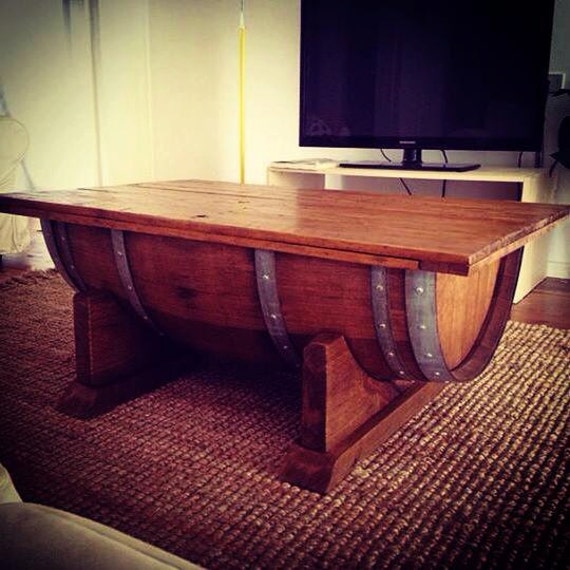 Wine barrel coffee table with recycled timber by UpcycledWoodOZ