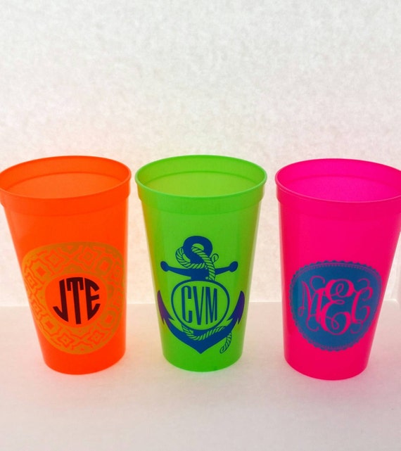 Personalized Spiker plastic tumbler, QuiCup Stadium Cup, travel cup lid straw, monogram, custom decal drinkware 22oz BPA Free 5 pack mixed