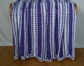 Crochet Blanket Purple & White 61" X 65" LARGE SIZE Heirloom Handmade Afghan Throw Crocheted Blanket