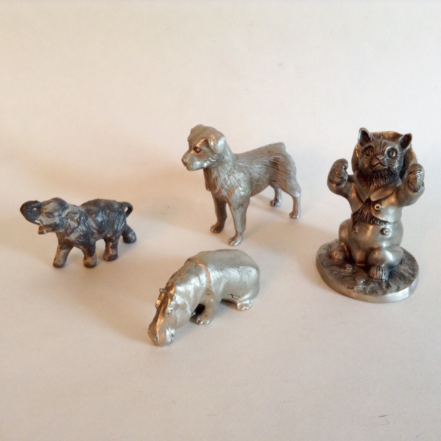 Vintage Pewter Animal Figurines Elephants Hippos Tom Cat