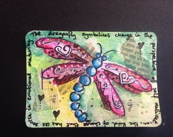 Original Painting ATC ACEO Art Card Artist Trading Card -DRAGONFLY - Made to Order