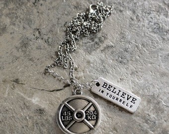 Believe in Yourself Necklace, Weight Loss Charm Necklace with 45lb Bumper Plate, Perfect for Beachbody Coaches and Personal Trainer Gifts
