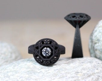 Black Diamond Ring, 3D printed Ring, Flack Solitaire Ring, Fake Diamond Ring, Contemporary Jewelry, Chunky Ring Black, Geometric Ring