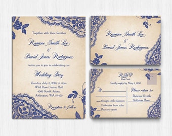 Navy And Lace Wedding Invitations 2