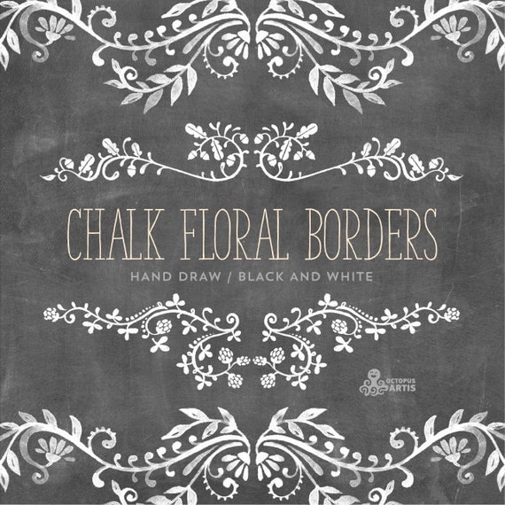 Chalk Floral Borders. 7 Digital Clipart. Hand draw