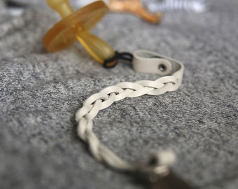 White Braided Leather Pacifier Clip - Single