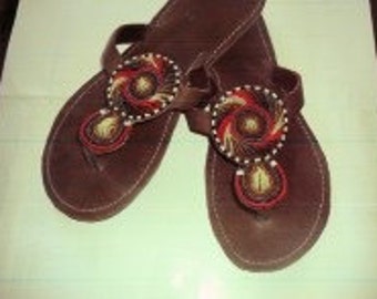 African Kenyan Handmade Leather Beaded Flip-Flops Slippers Sandals