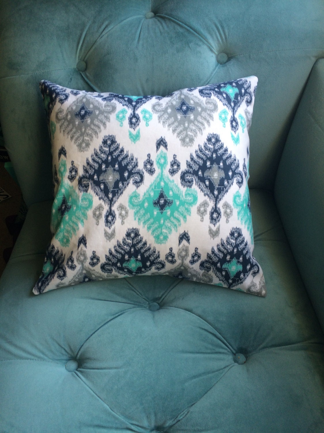 Blue Grey Jakarta / Ikat Pattern 16 x 16 throw pillow pocket