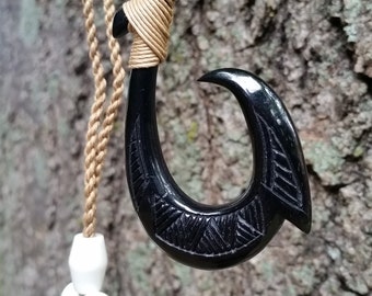 Beautiful Black Hawaiian Fish Hook Necklace - Single Barbed Hook Bone Handcrafted Pendant Carving Design - Tribal Hand Carved Gift Necklace