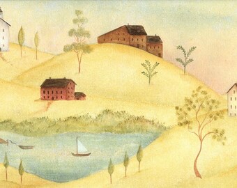 Primitive Houses, Folk Art Painting, Country Homes on the Hillside, Country Sailing,Country Art Print by Artist Beth Stephens