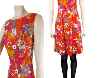 60s/70s Sleeveless Shift Dress Bright Bold Abstract Floral Pattern Metal Zip Handmade UK 8