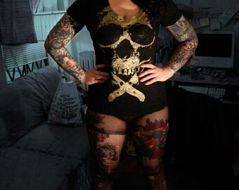 heavy metal clothing, plus skull top, t-shirt gold skull, black skull t shirt, women's S-XXL