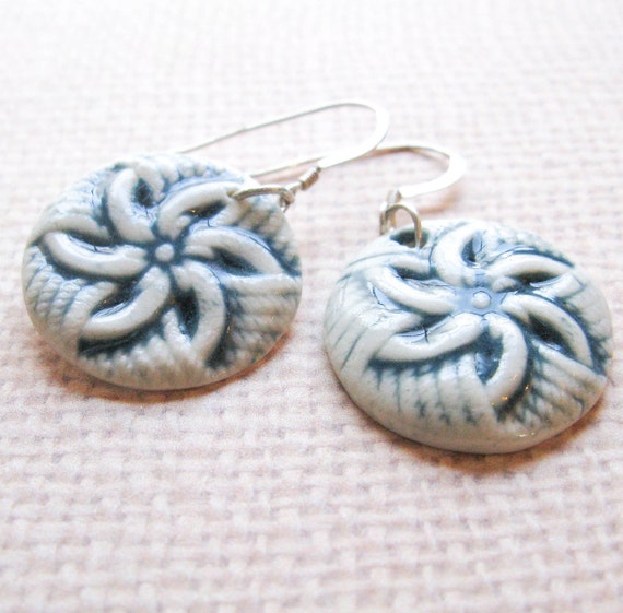 Porcelain Pinwheel Earrings Blue & White Ceramic Drop